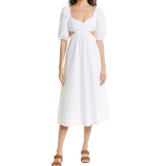 STAUD Dresses & Skirts - NWT Staud Carina Cut Out Puff Sleeves Midi Dress Size XL White Romantic Feminine